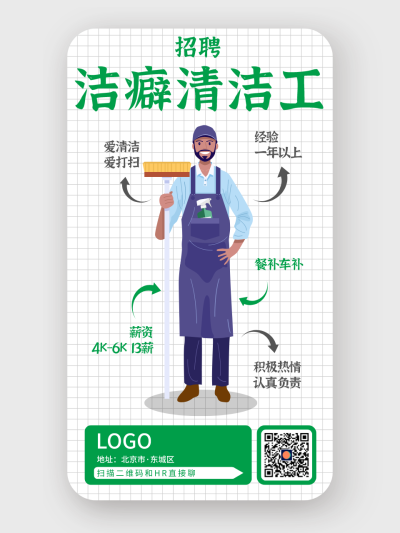 绿色创意卡通人物插画清洁工招聘手机海报设计