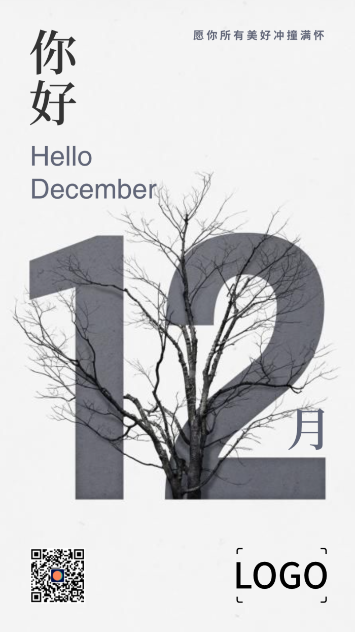 清新简约植物花卉每月问候12月 手机海报设计